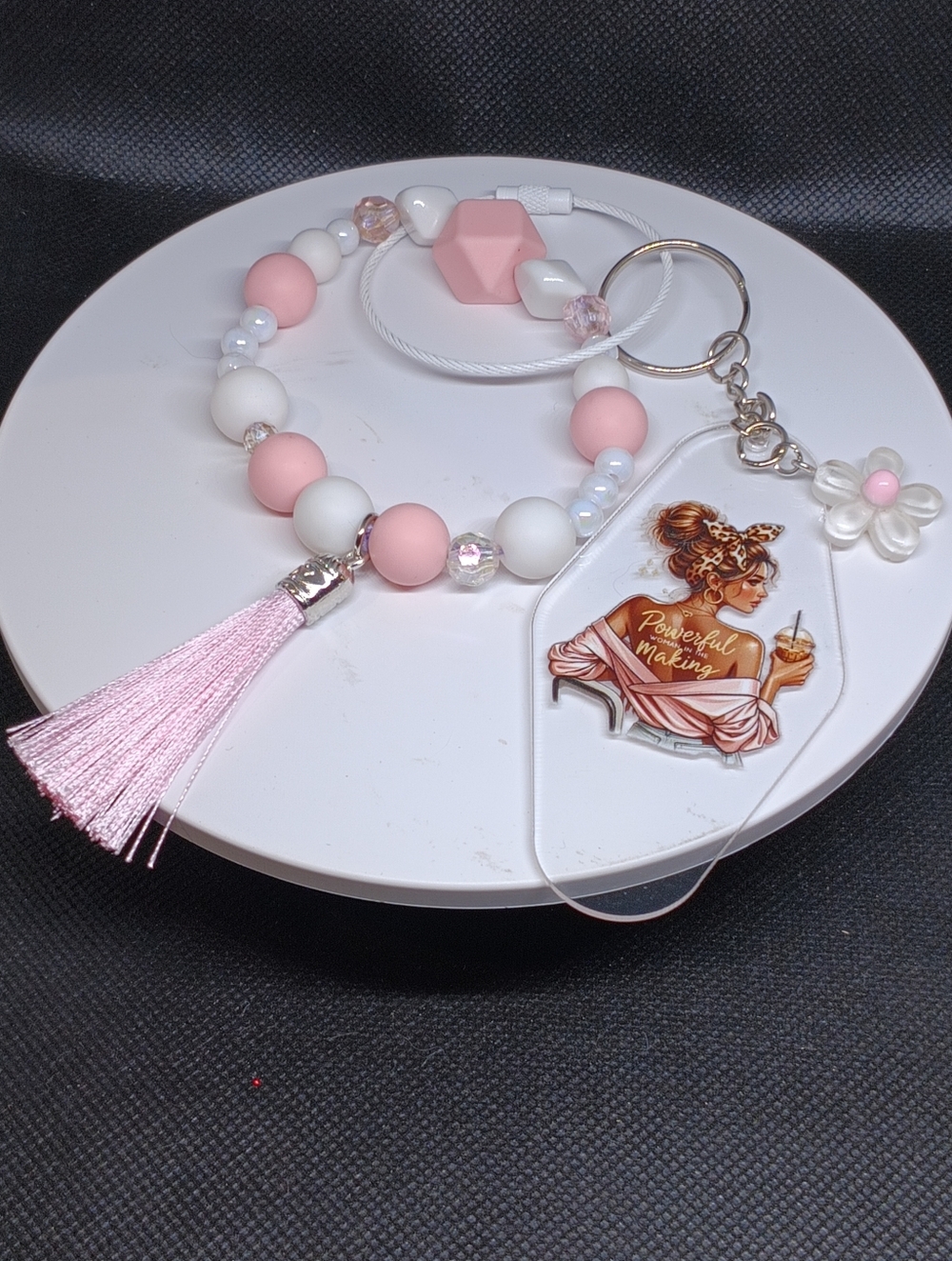 Pink & White Beaded Keychain with Tassel and Motivational Charm